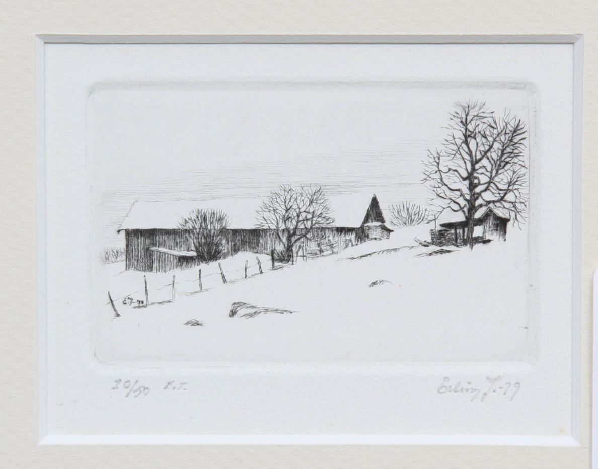 ERLING JOHANSSON. Vinterlandskap med lada. Etsning. Signerad och numrerad 20/50 E.T. Daterad 79.