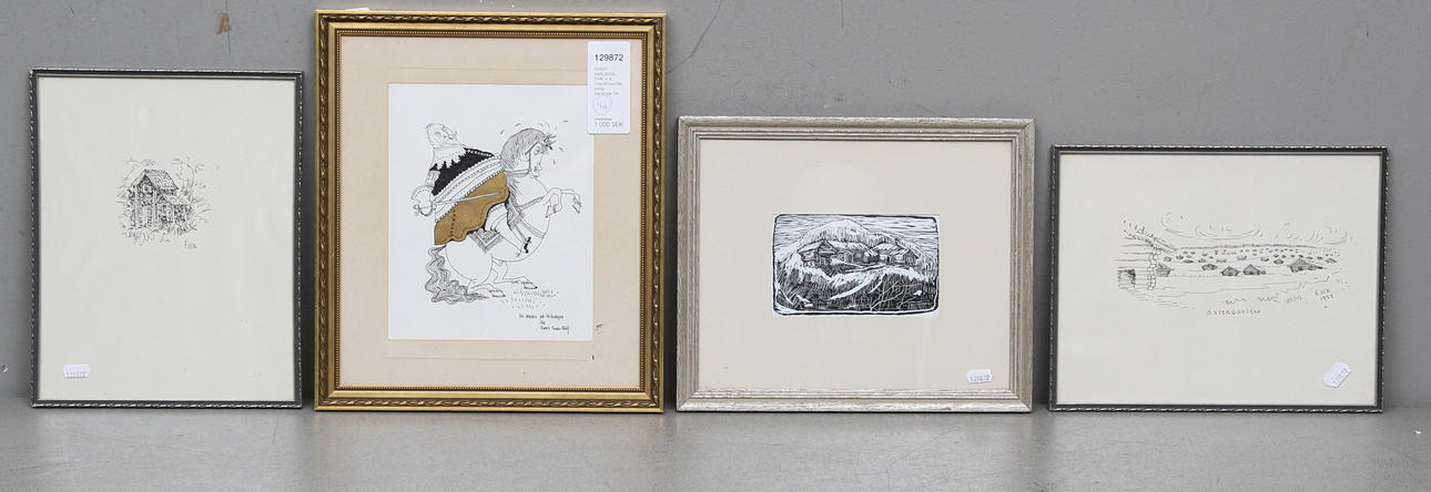 EWERT KARLSSON, EWK. 4 st. Träsnitt/tuschteckning. Signerade.