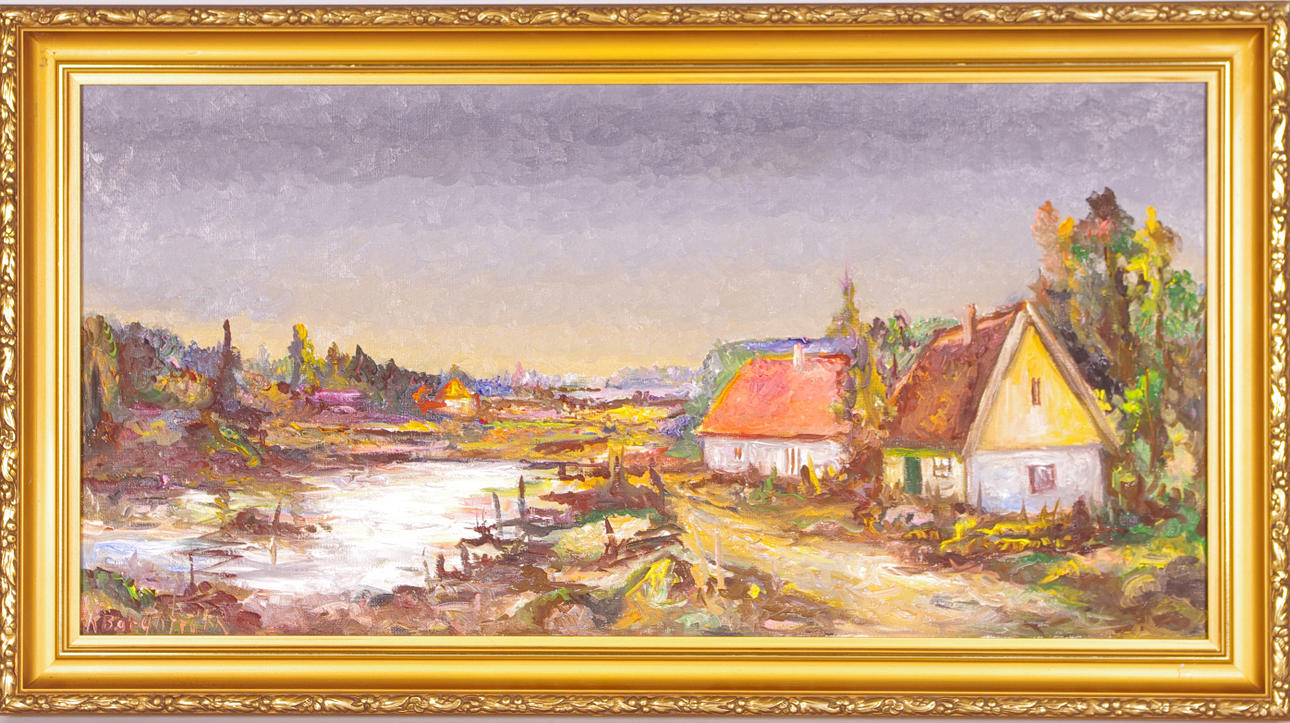 KARIN BORGSTRÖM. landskap med hus, olja på duk.