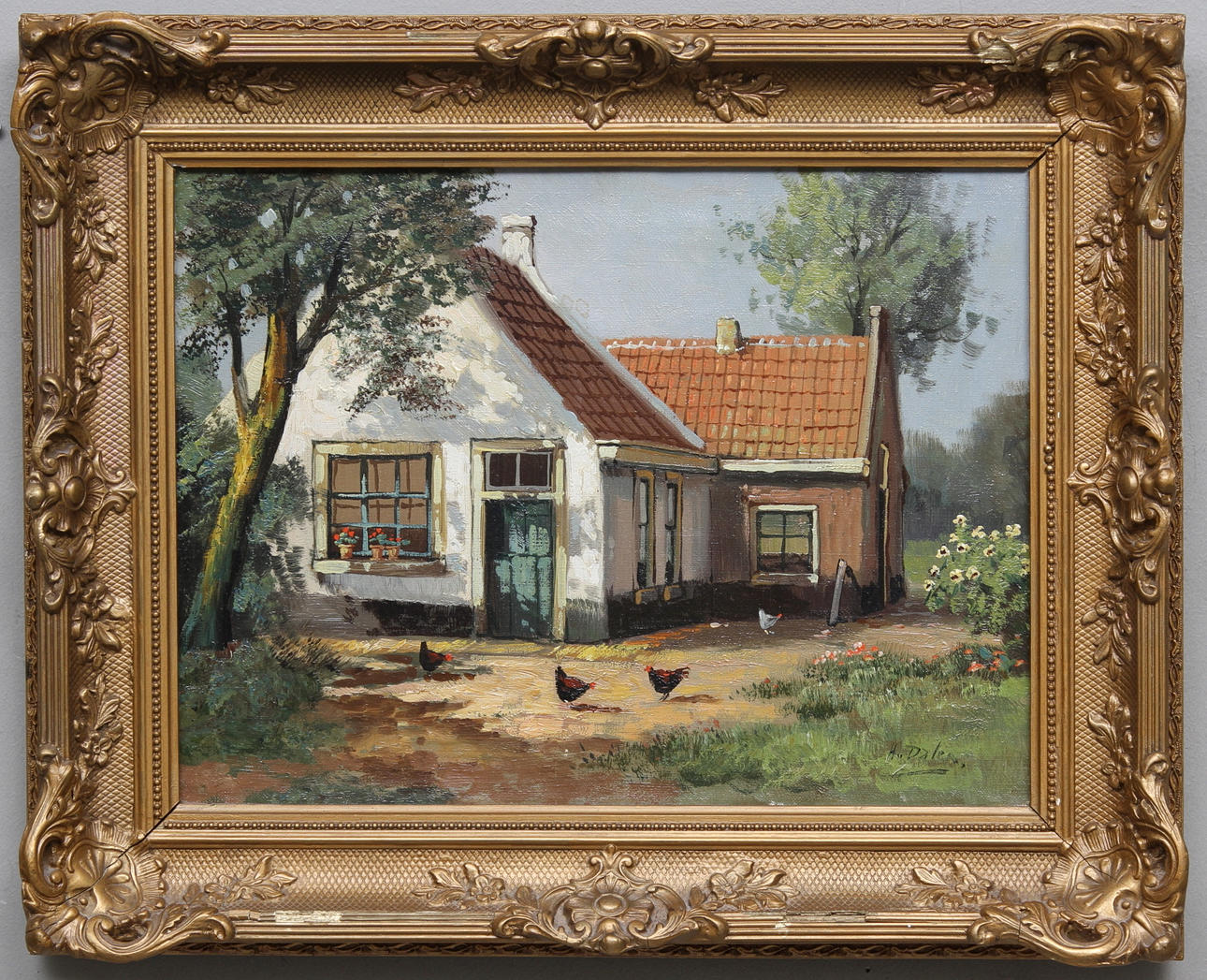 OKÄND KONSTNÄR. Solbelyst trädgård med pickande höns. 1900-talets först hälft. Olja på duk. Signerad H.Dalen.