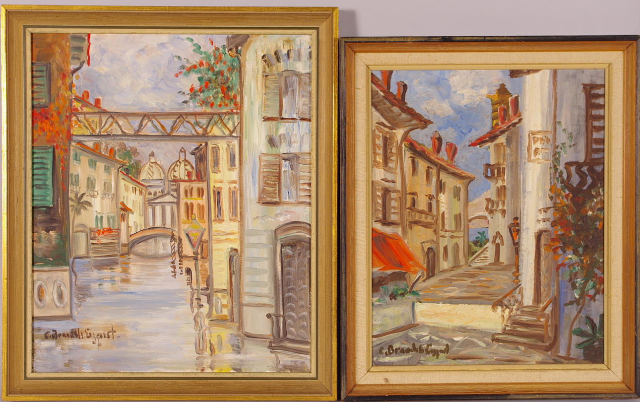CARIN BRANDELS-ENGQVIST. 2 tavlor med sydländska motiv, olja på duk/pannå.