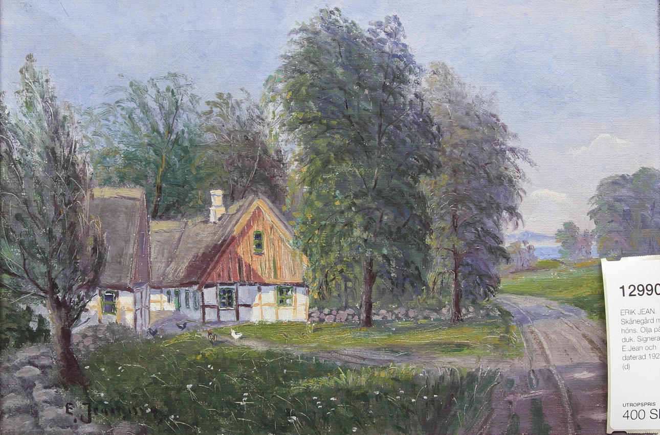 ERIK JEAN. Skånegård med höns. Olja på duk. Signerad E.Jean och daterad 1924.