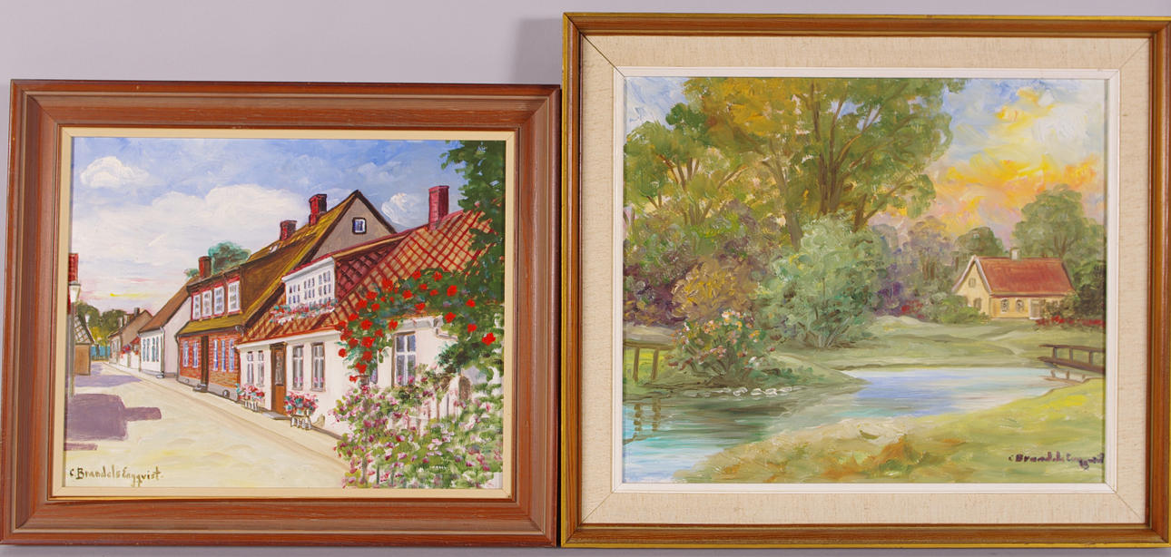 CARIN BRANDELS-ENGQVIST. 2 tavlor bl.a. motiv från Råå, olja på duk.
