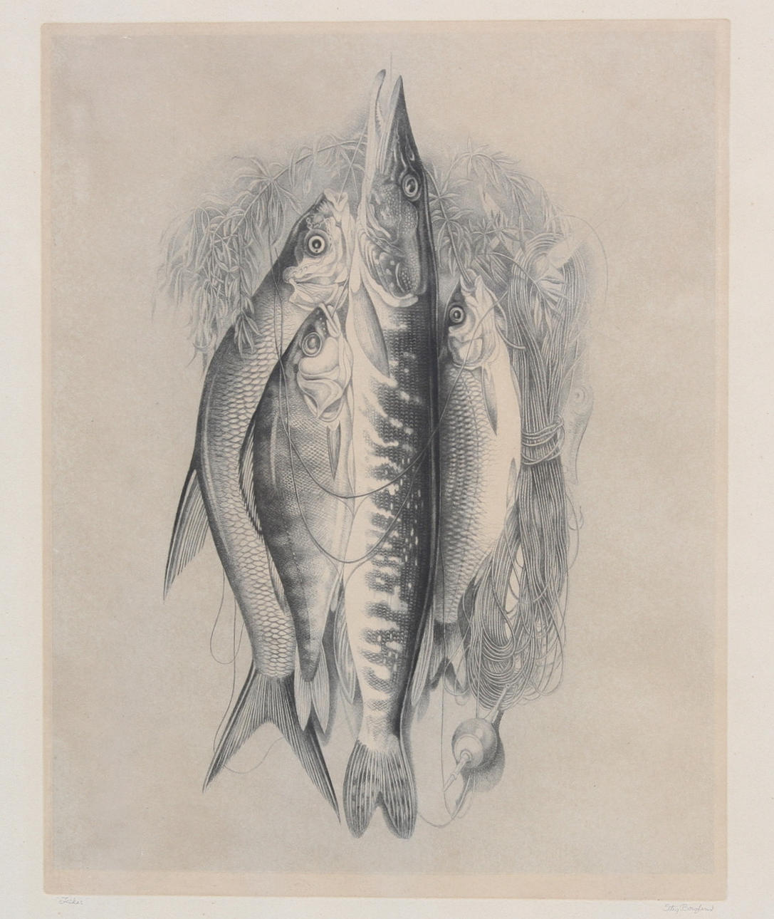 STIG BORGLIND. "Fiskar". Torrnålsgravyr. Signerad Stig Borglind.