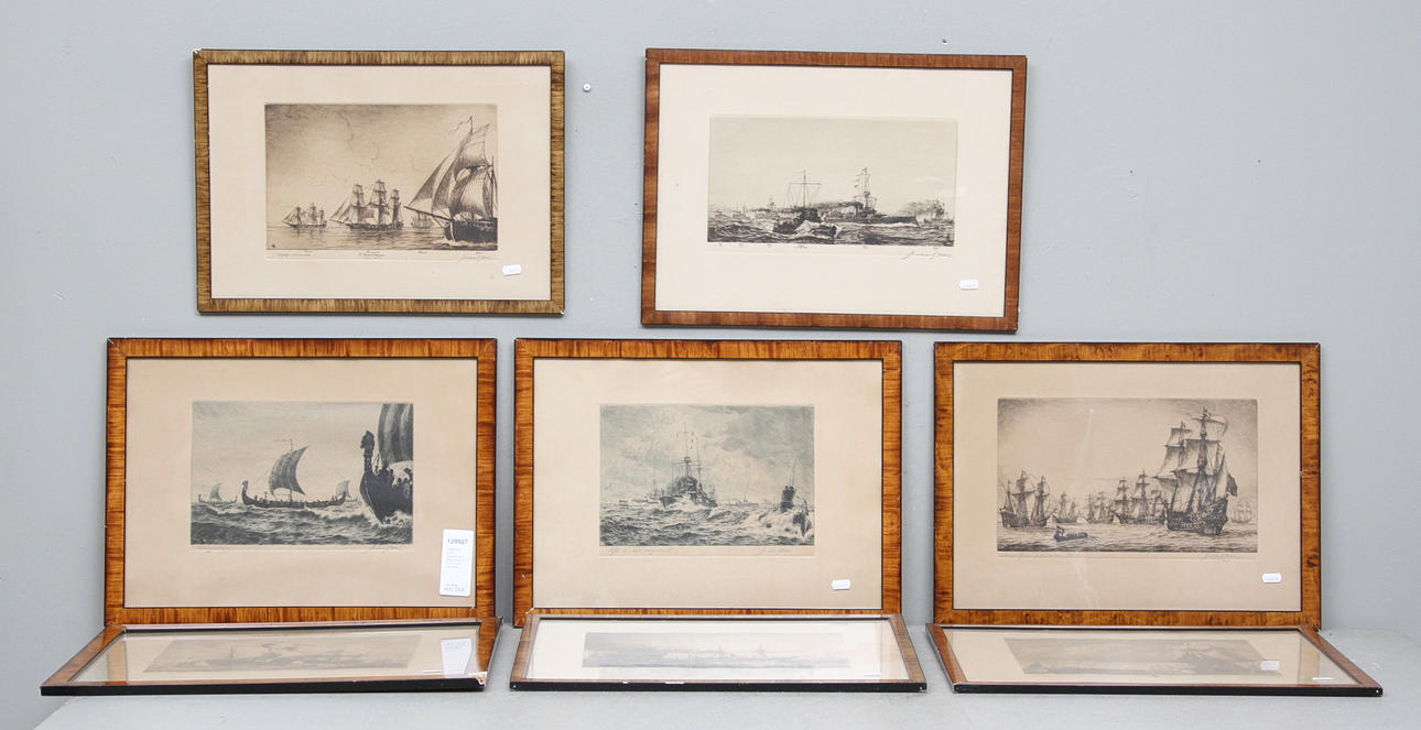 GERHARD ALBE. Beskrivning av skeppstyper. 8 st. Etsningar. Signerade.