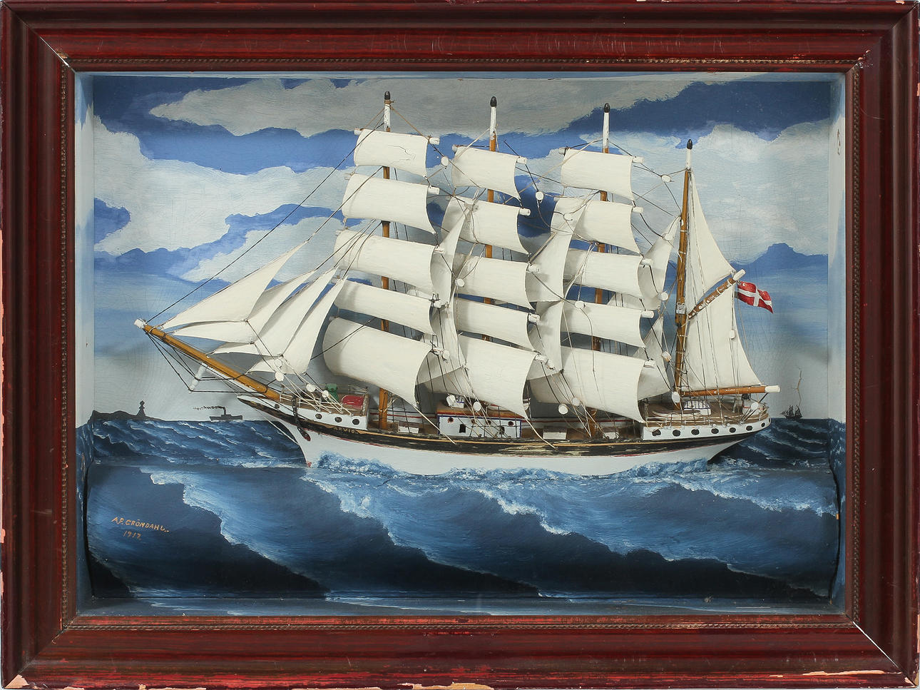 SKEPPSMODELL, (Diorama), "Arvid", signerad A.F Gröndahl 1917.