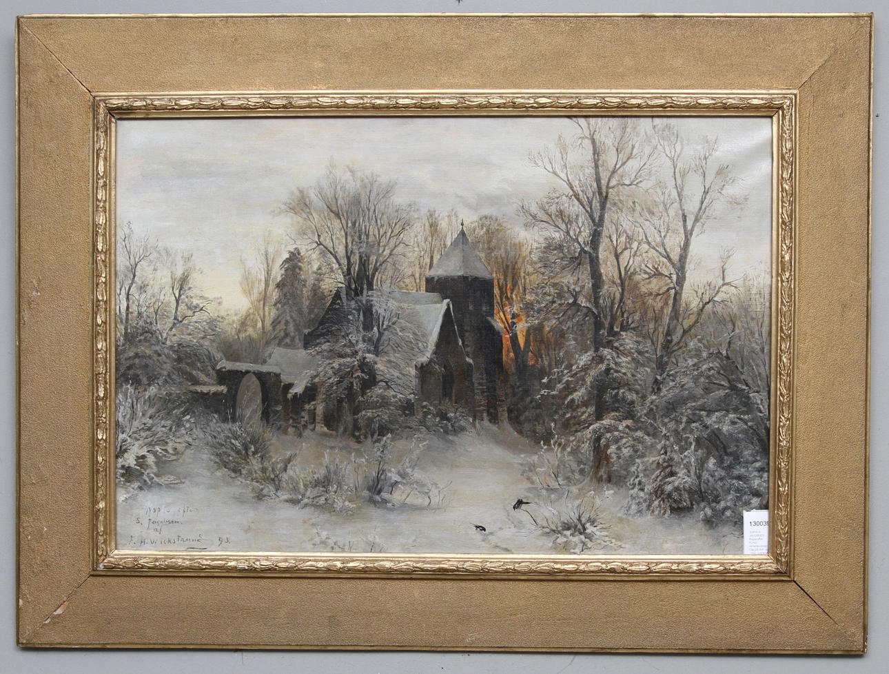 SOPHUS JACOBSEN. Kopia efter. Kyrka i vinterlandskap. Olja på duk. ca 1900. Signerad Kop efter SJ af F.H Wickstrand.