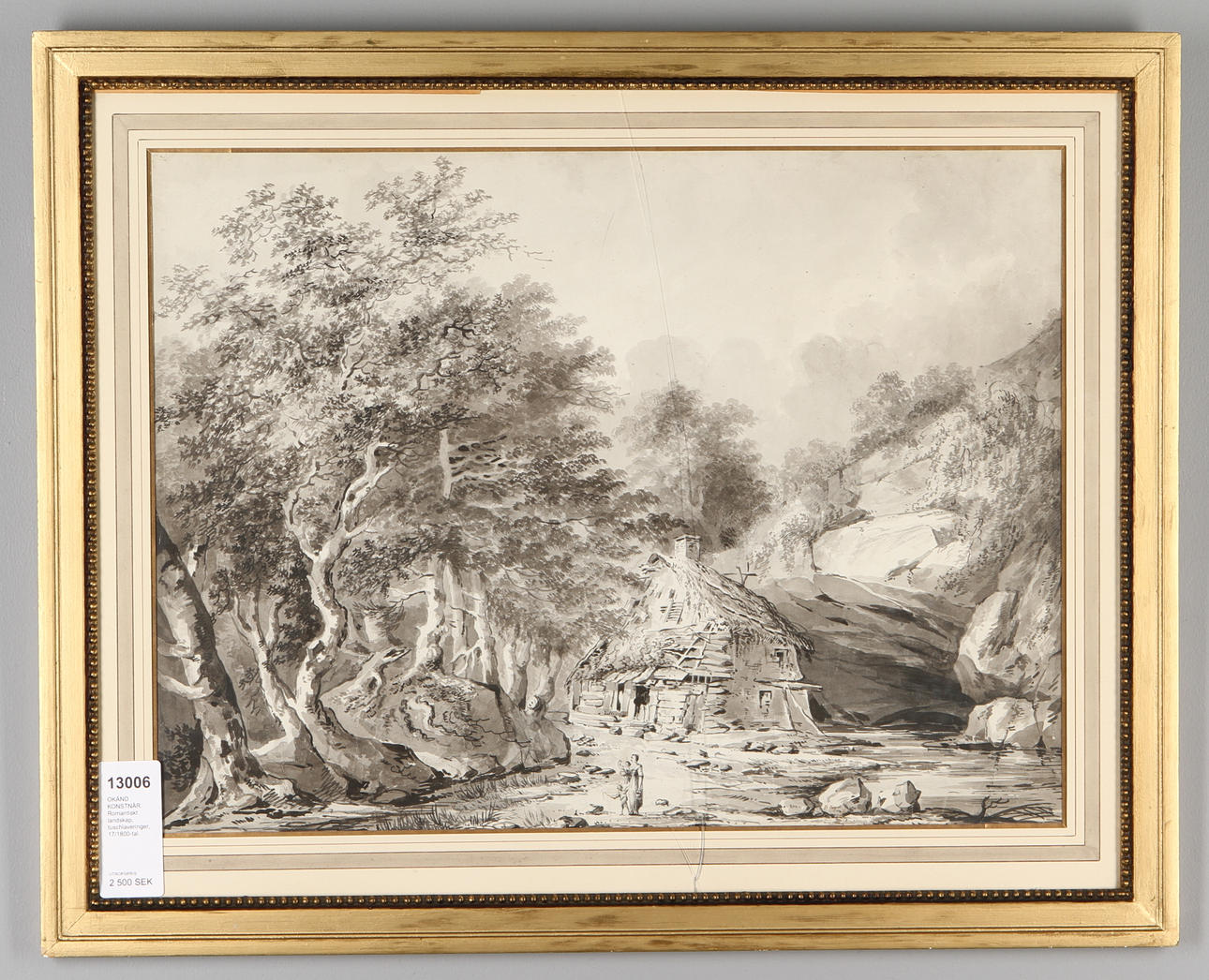 OKÄND KONSTNÄR. Romantiskt landskap, tuschlavering, 17/1800-tal.