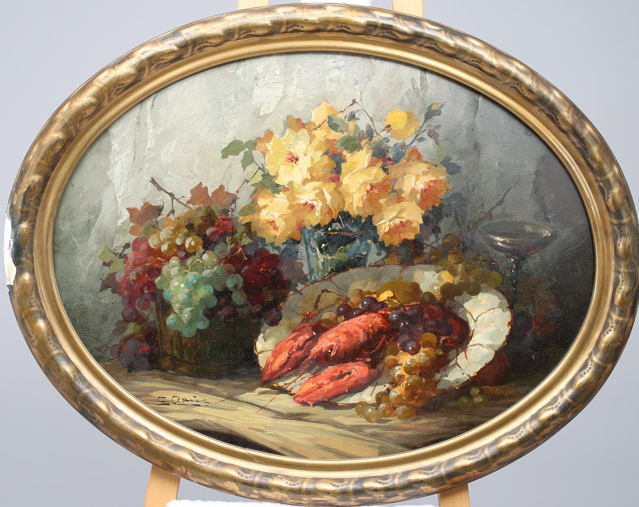UNBEKANNTER KÜNSTLER. Stilleben med hummer. Signerad och signerad. olja/trä.