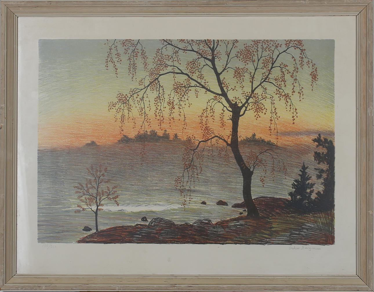 OSCAR BERGMAN. Skymningslandskap. Färglitografi. Signerad. 130/260.