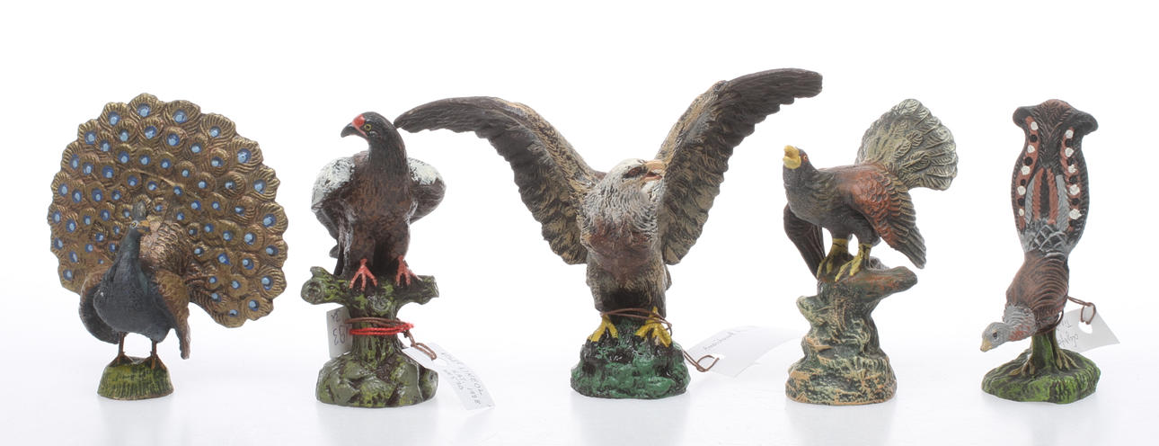 ELASTOLIN LINEOL TIPPLE-TOPPLE 5 FÅGLAR. 2 örnar, en lyrfågel, en påfågel och en en tjäder.