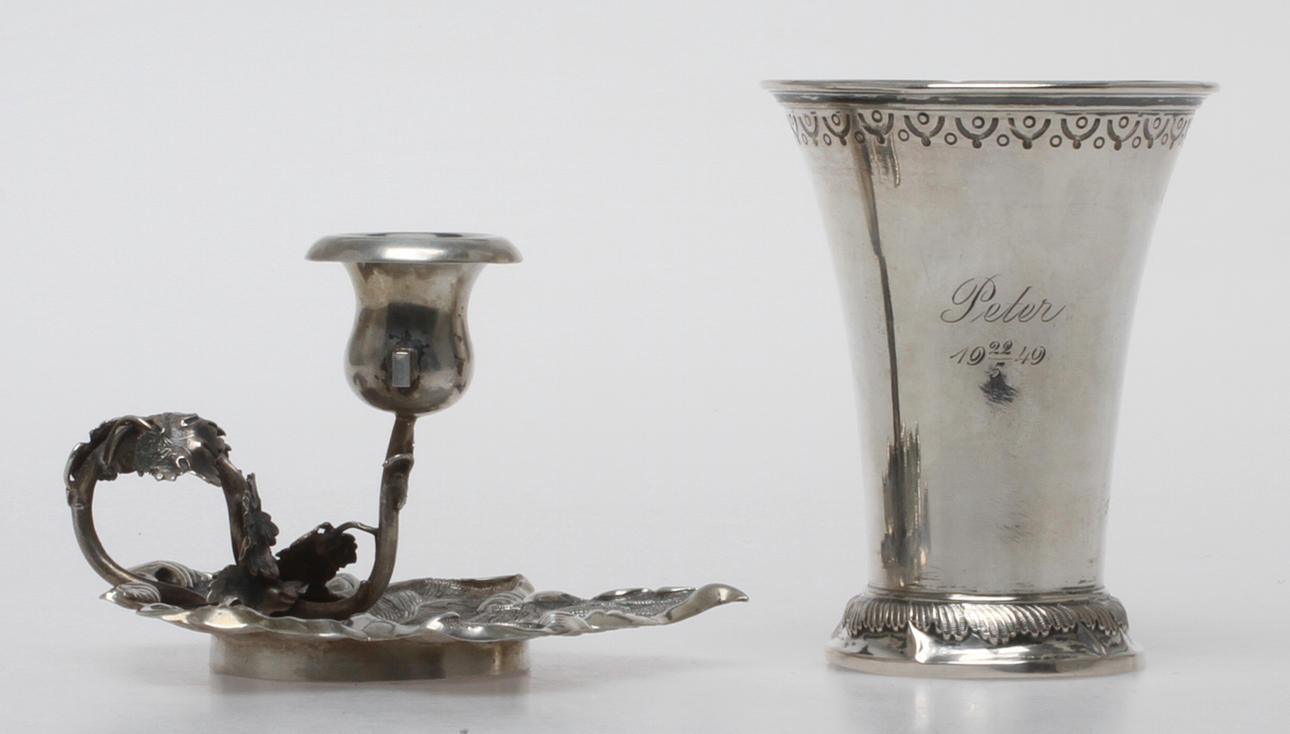 LJUSSTAKE, silver, Brahmfeld & Gutruf, Hamburg och BÄGARE, silver, CG Hallberg.