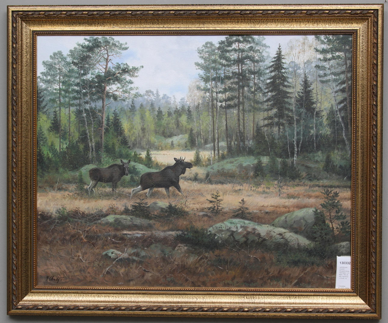 JAROSLAW CHUDY. Skogslandskap med älgtjur och älgko. Olja på duk. Signerad J.Chudy.