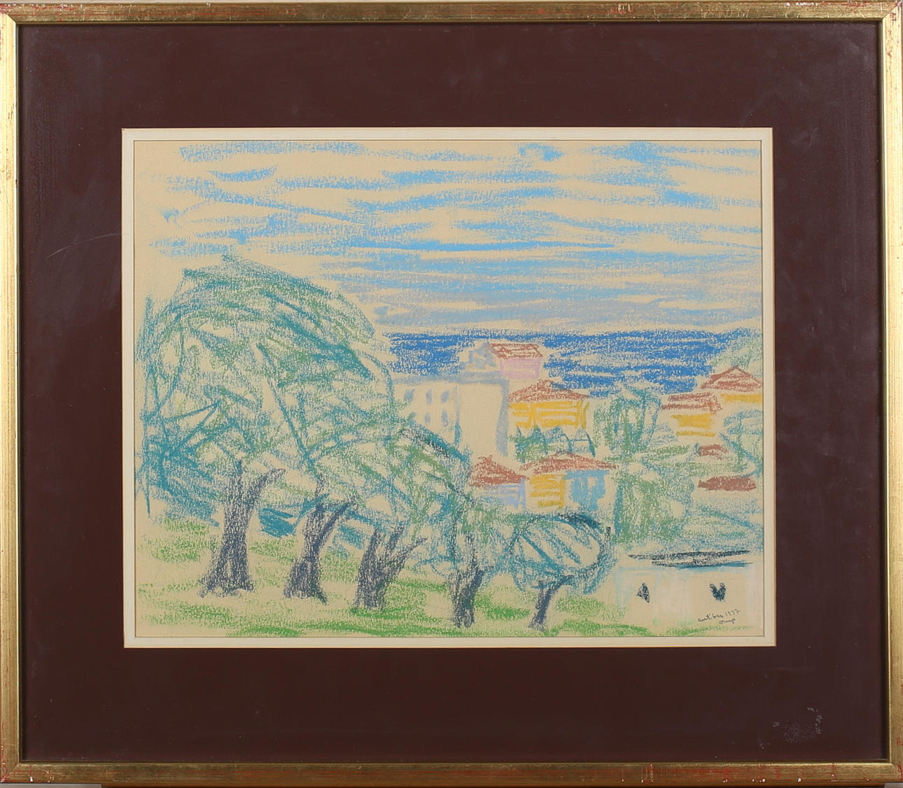 BENGT ORUP. "Antibes 1947". Pastell. Signerad Orup.