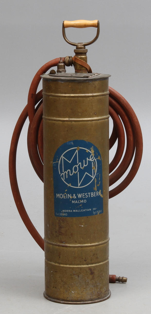 BRANDSPRUTA, mässing, "Mowe", Molin & Westberg, Malmö, 1900-tal.