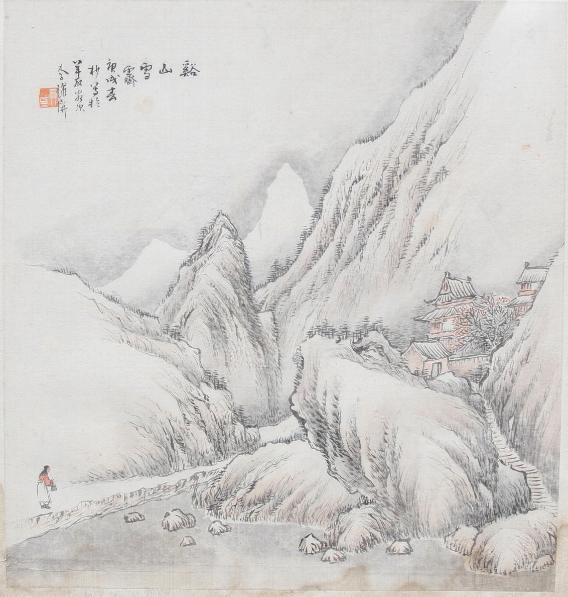 OKÄND KONSTNÄR. Bergigt landskap med pagoder. Akvarell på siden, Kina ca 1900. Stämplesignerad.