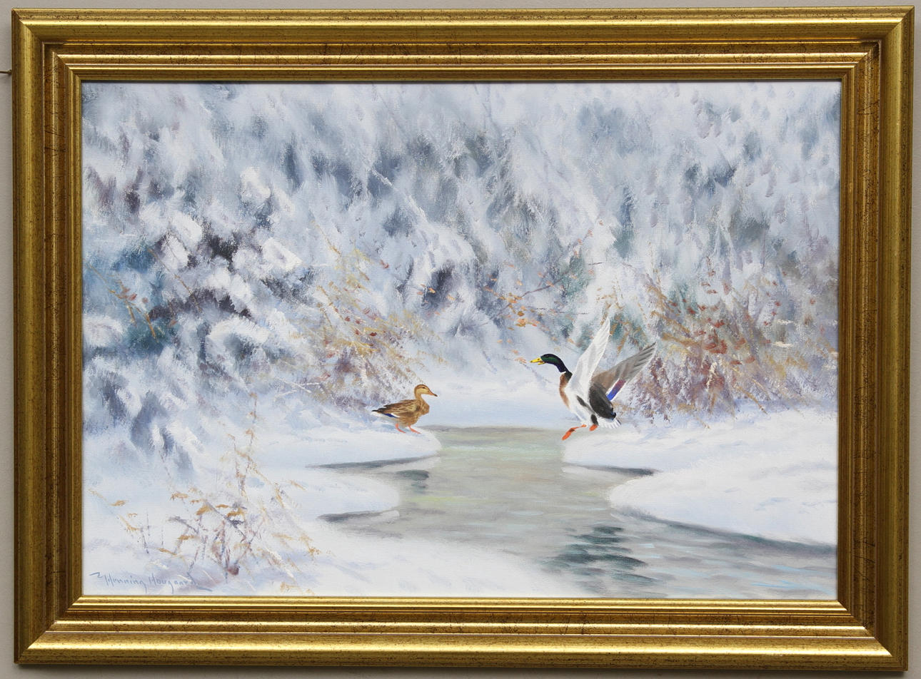 HENNING HOUGAARD. Vinterlandskap med gräsänder vid bäck. Olja på duk. Signerad.