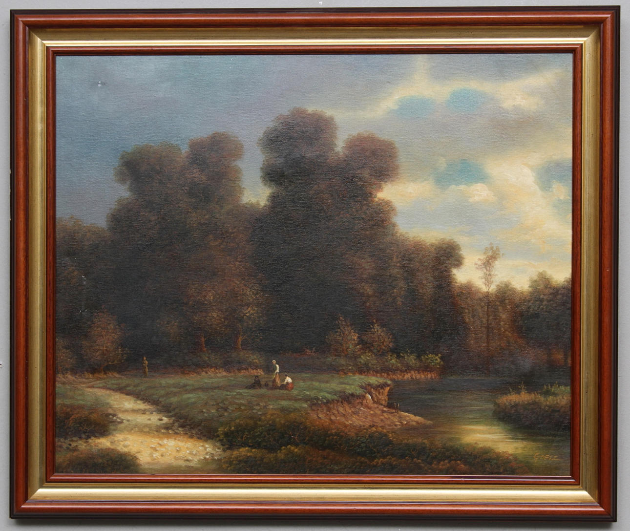 OKÄND KONSTNÄR. Utflykt till sjön. Olja på duk. Signerad Goetz.