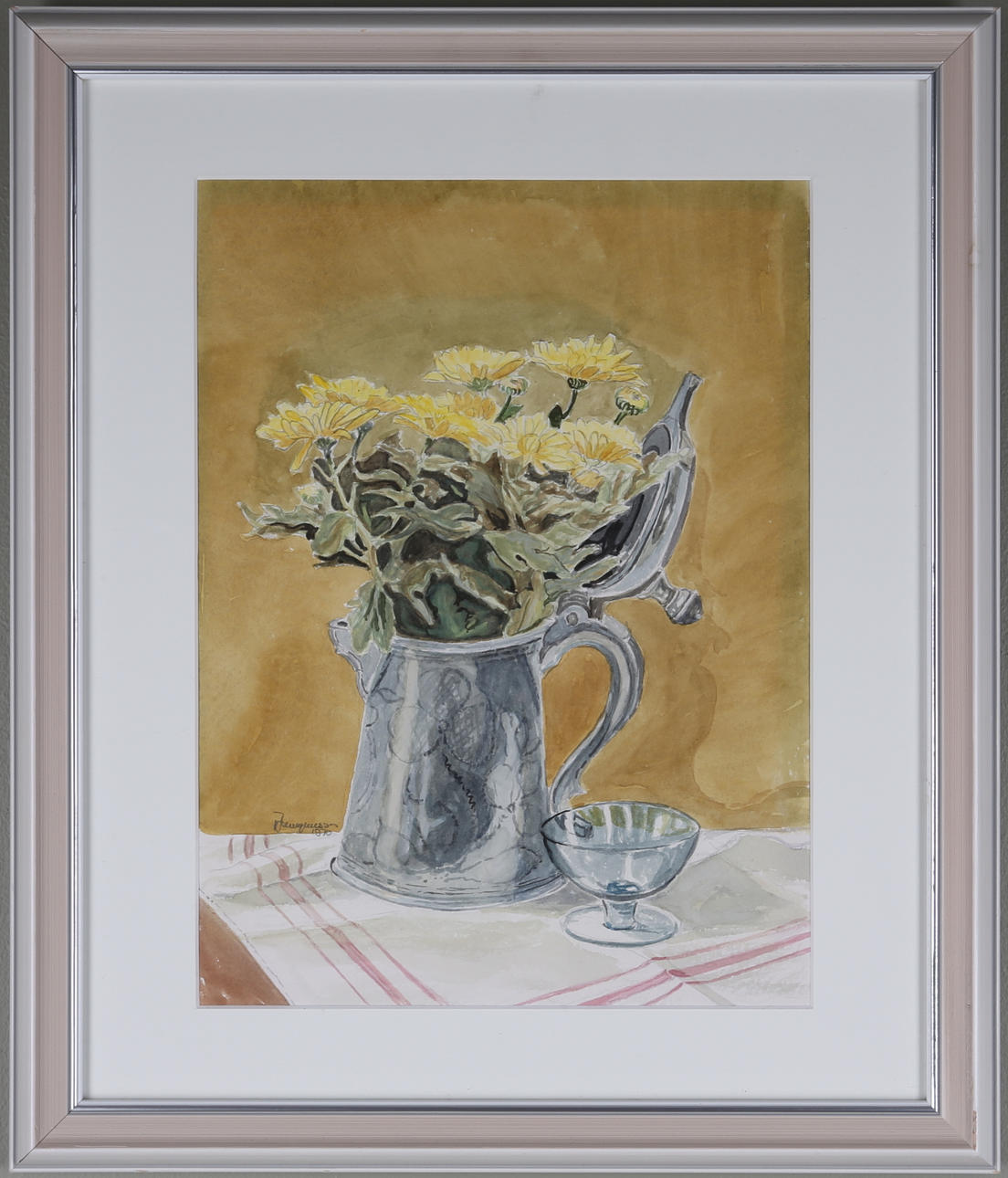 KARL JOHAN MAGNUSSON. STILLEBEN "Tennstop med blommor" Akvarell, sign o dat.