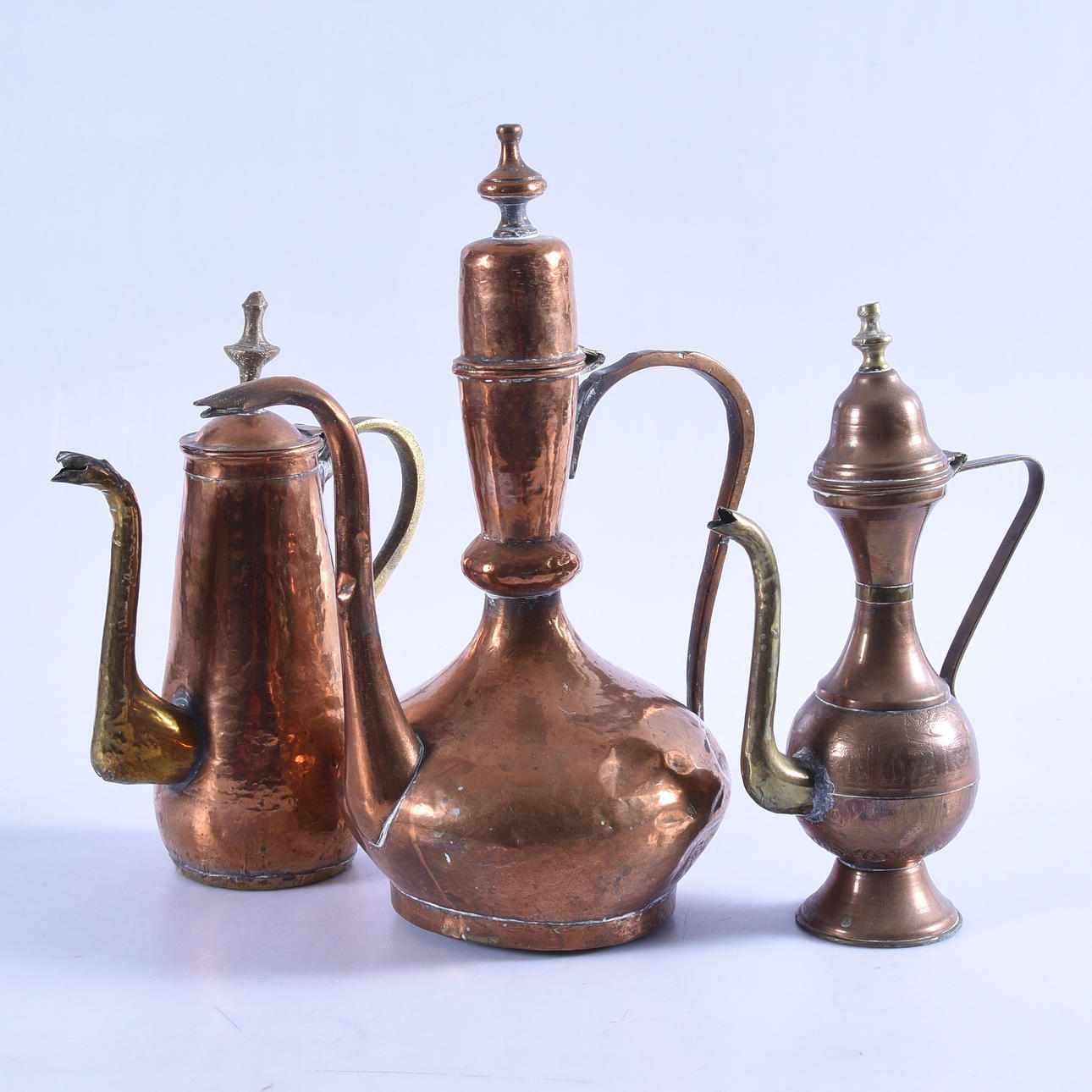 KANNOR, 3-stycken, koppar, Orientaliska, 1900-tal.