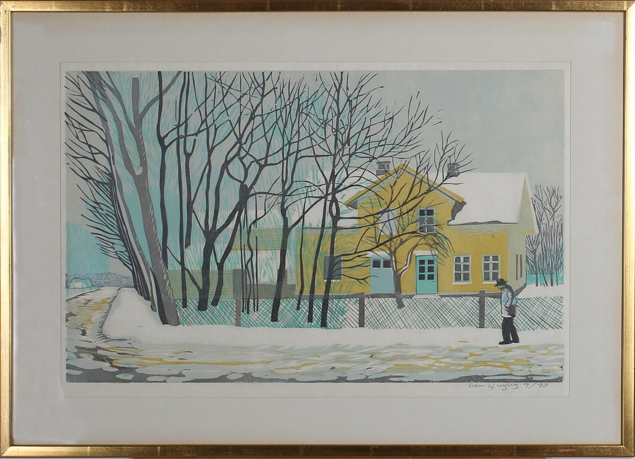 SVEN LJUNGBERG. Det gula huset. Färgträsnitt. Signerad. 9/90.