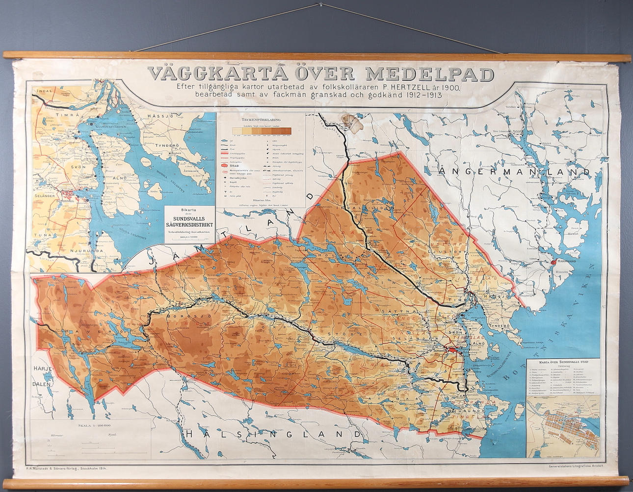 KARTA, väggkarta över Medelpad, tidigt 1900-tal.