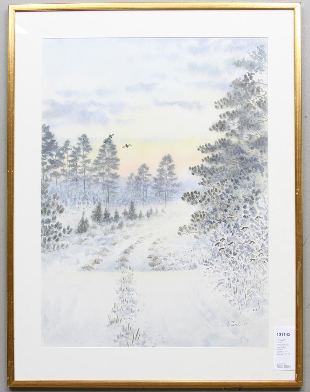 LENNART FRISK. Vinterlandskap med fåglar. Akvarell. Signerad och daterad -89.