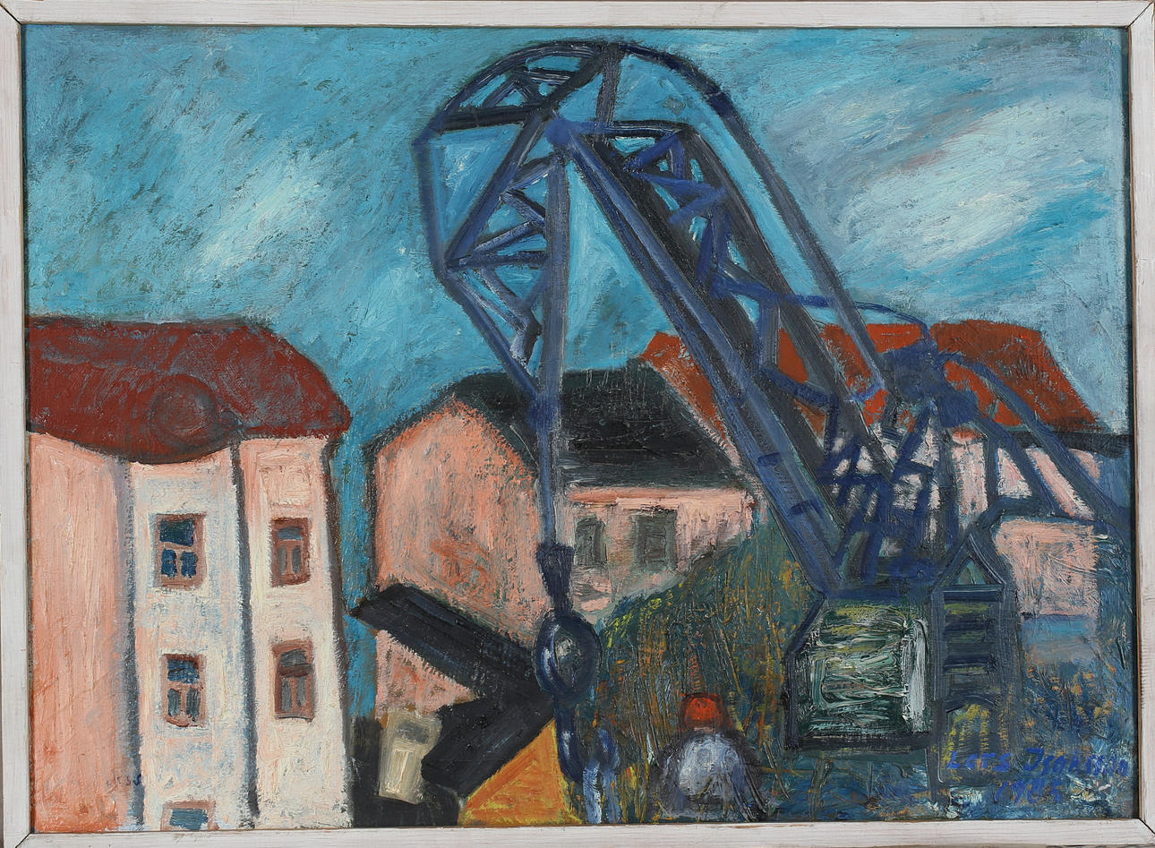 OIDENTIFIERAD KONSTNÄR. Lifting crane with house, oil on canvas, signed Lars Isaksson and dated 1985.