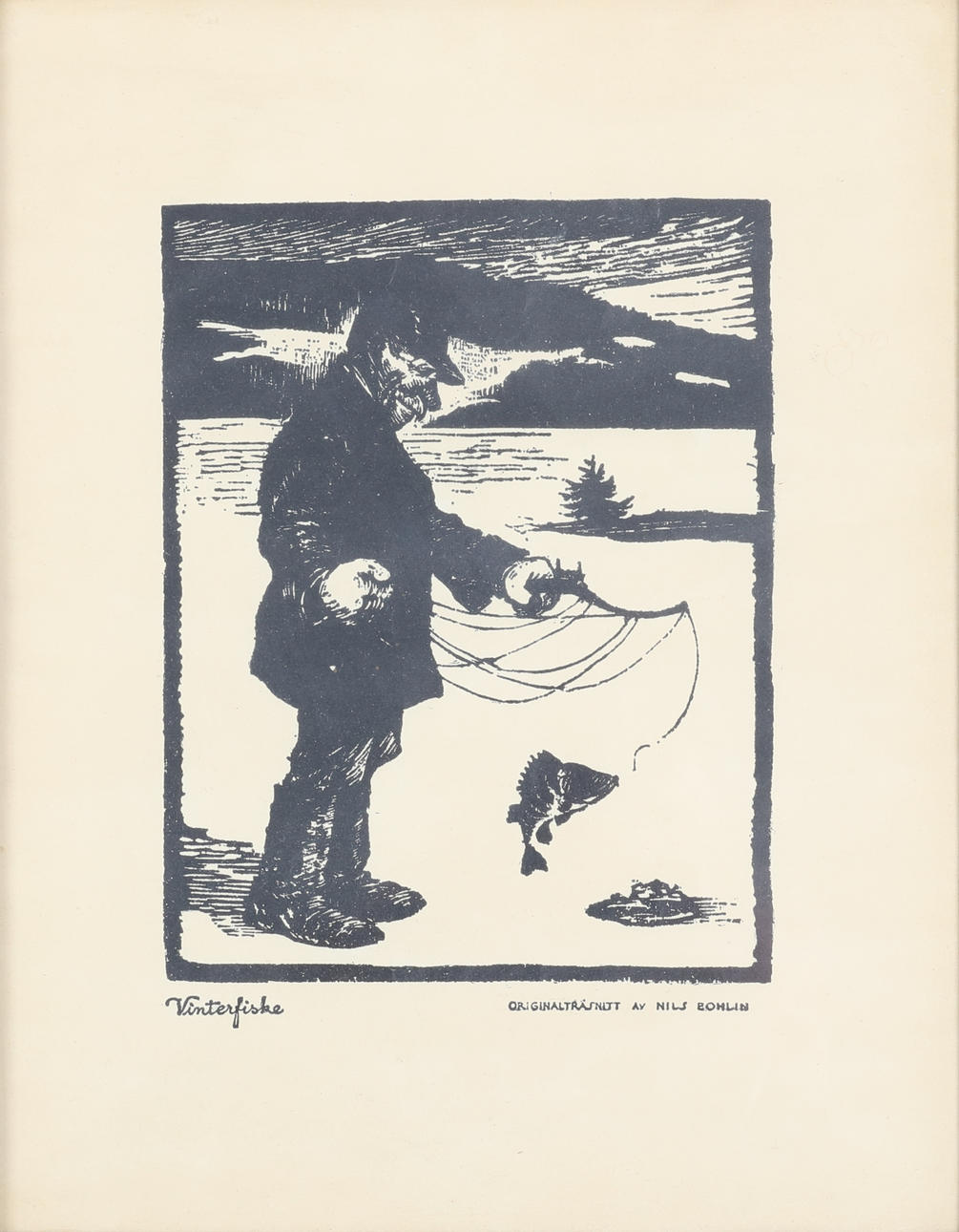 NILS BOHLIN. originalträsnitt, "Vinterfiske".
