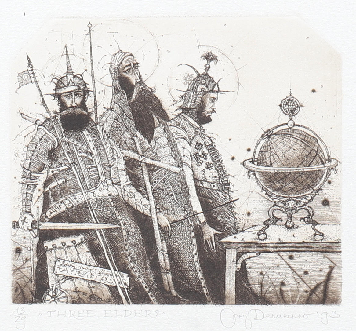 OLEG DENISENKO. Etching, "Three Elders" 13/29.