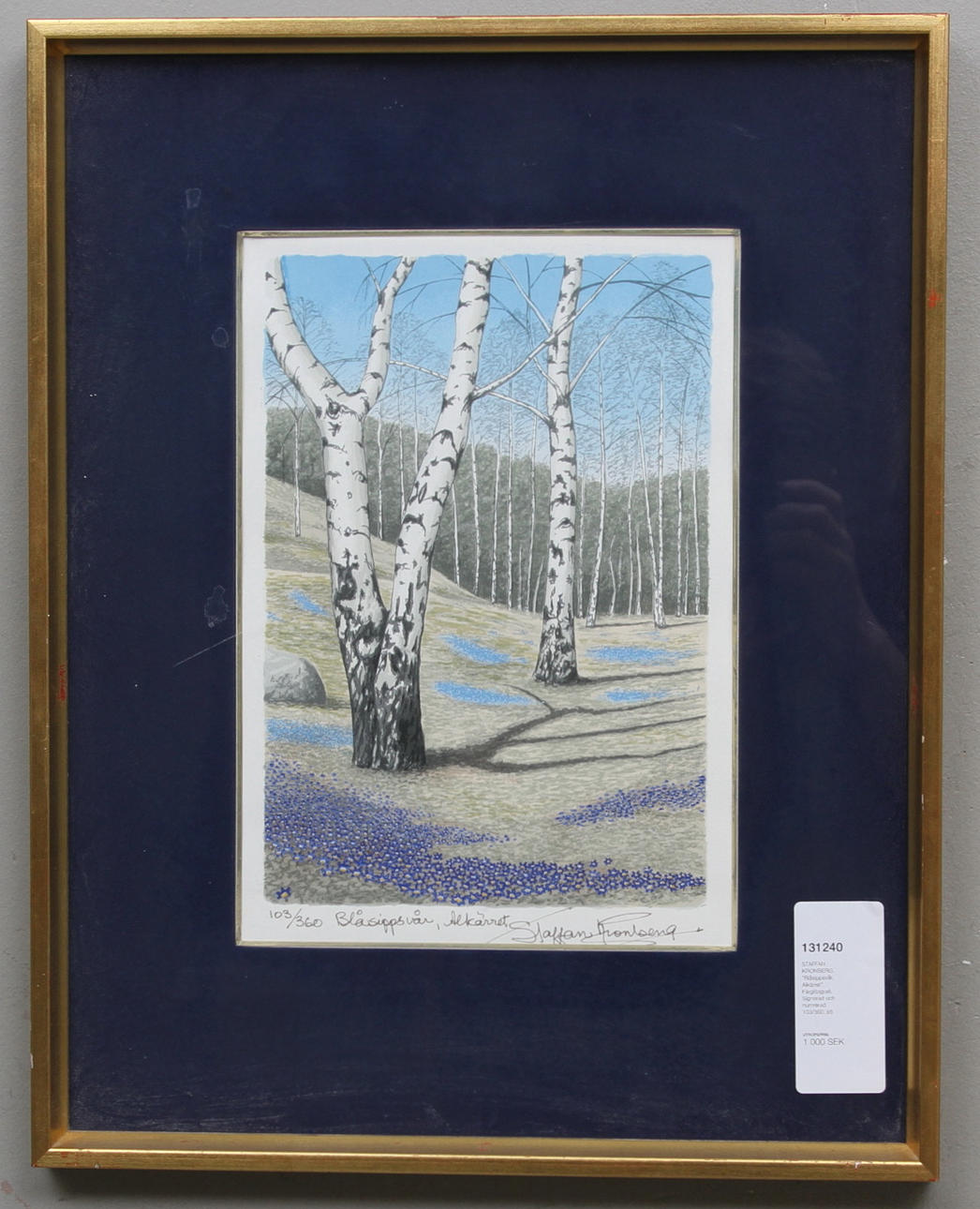 STAFFAN KRONBERG. "Blåsippsvår, Alkärret". Färglitografi. Signerad och numrerad 103/360.