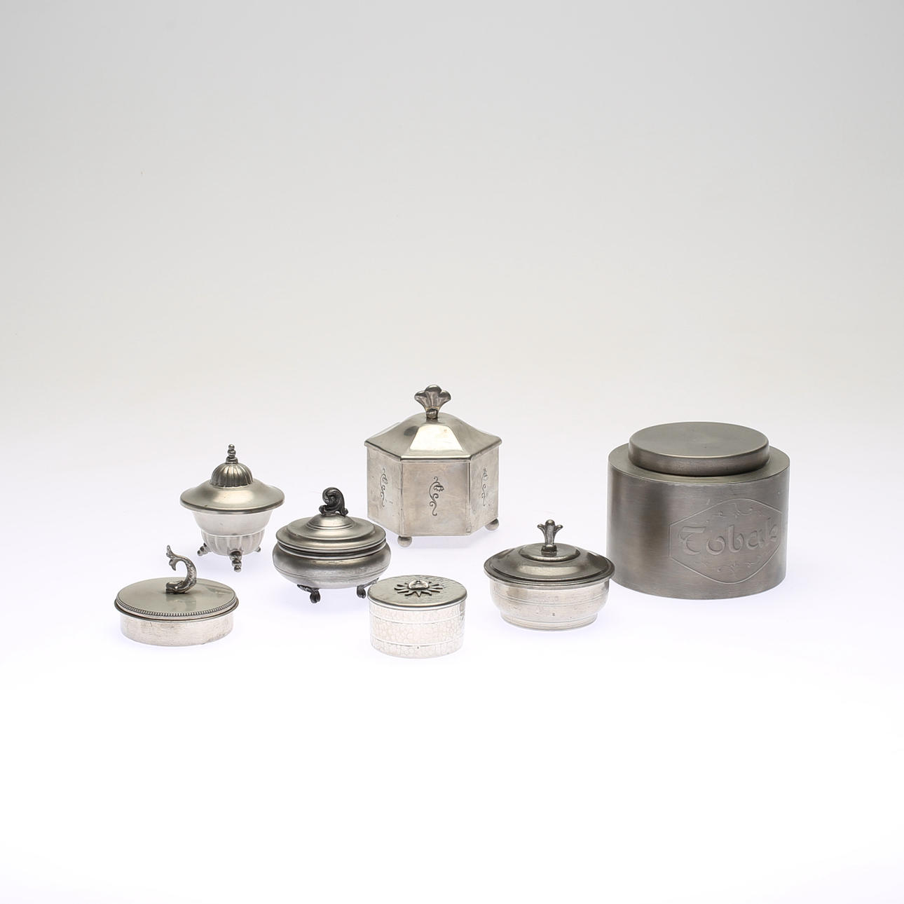 BOXES, 7 pcs., pewter, 1900s.
