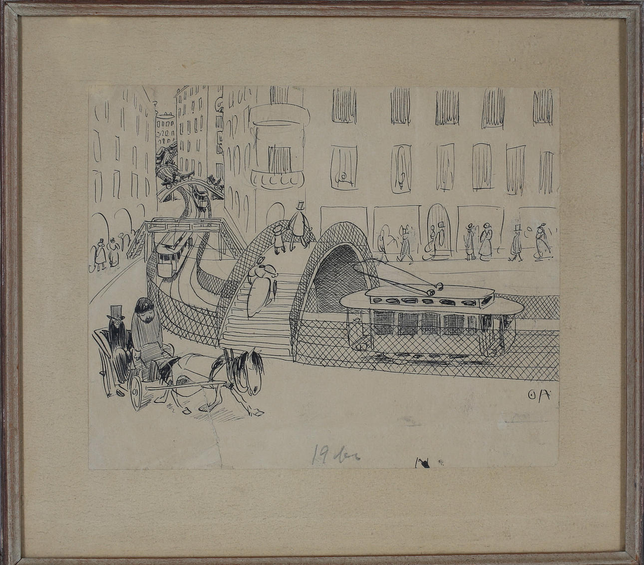 OSKAR ANDERSSON. City motif, ink drawing, monogram signed OA.