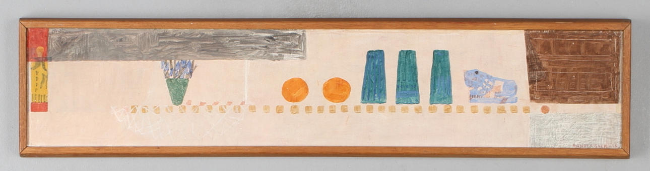 RANDI FISHER. "Saker på en hylla", pannå, signerad och daterad -55.