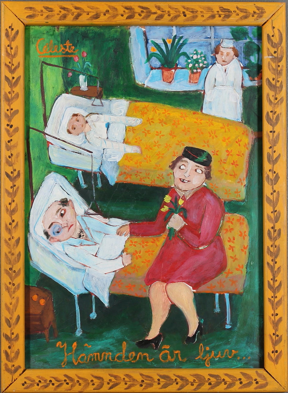 CELESTE FAHLSTRÖM. Olja på pannå, "Hämnden är ljuv...", signerad.