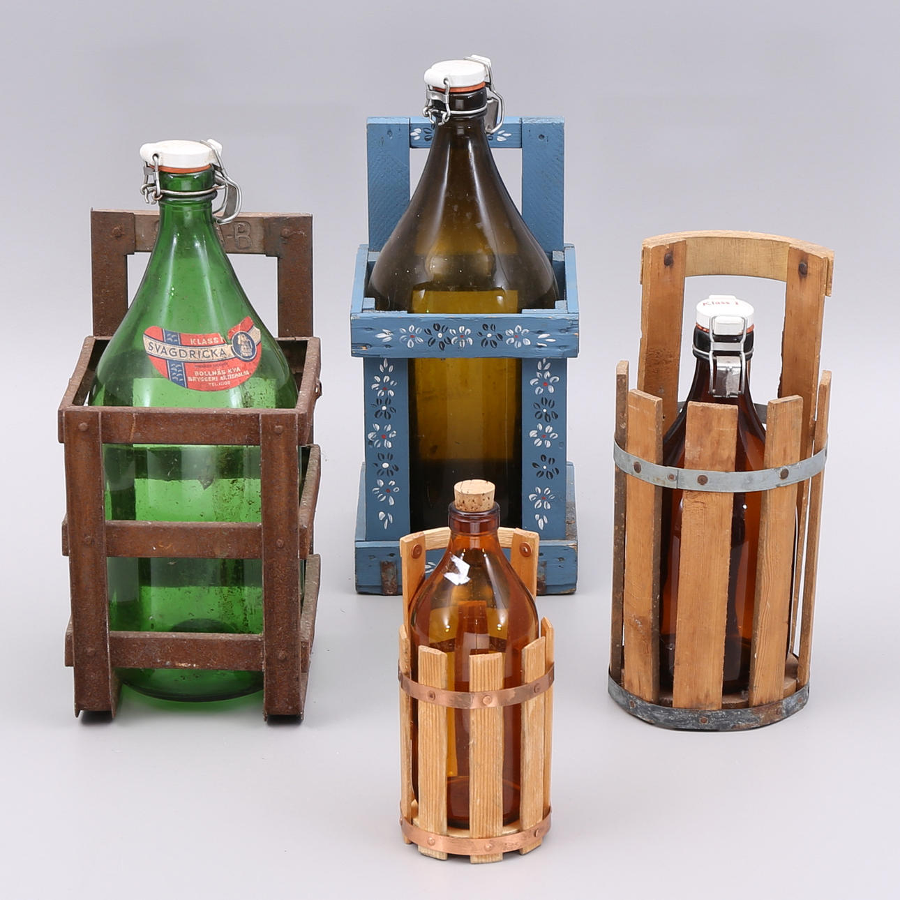 KAGGAR med FLASKOR, 4 st, trä, metall glas.
