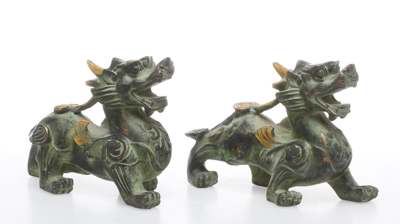 FIGURINER, 2 st, drakar, brons, Kina.