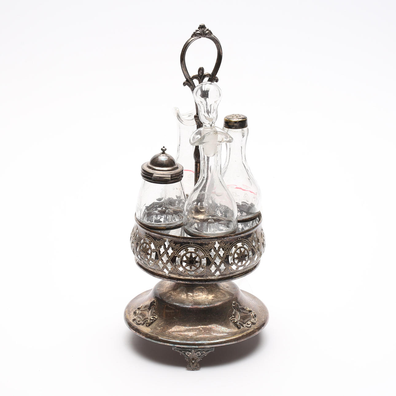 TABLE SET, white metal and glass, around 1900.