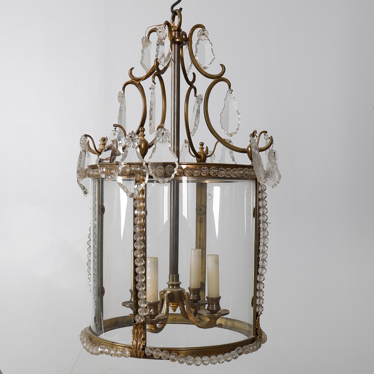 A MODERN GLASS AND BRASS HALL LANTERN.