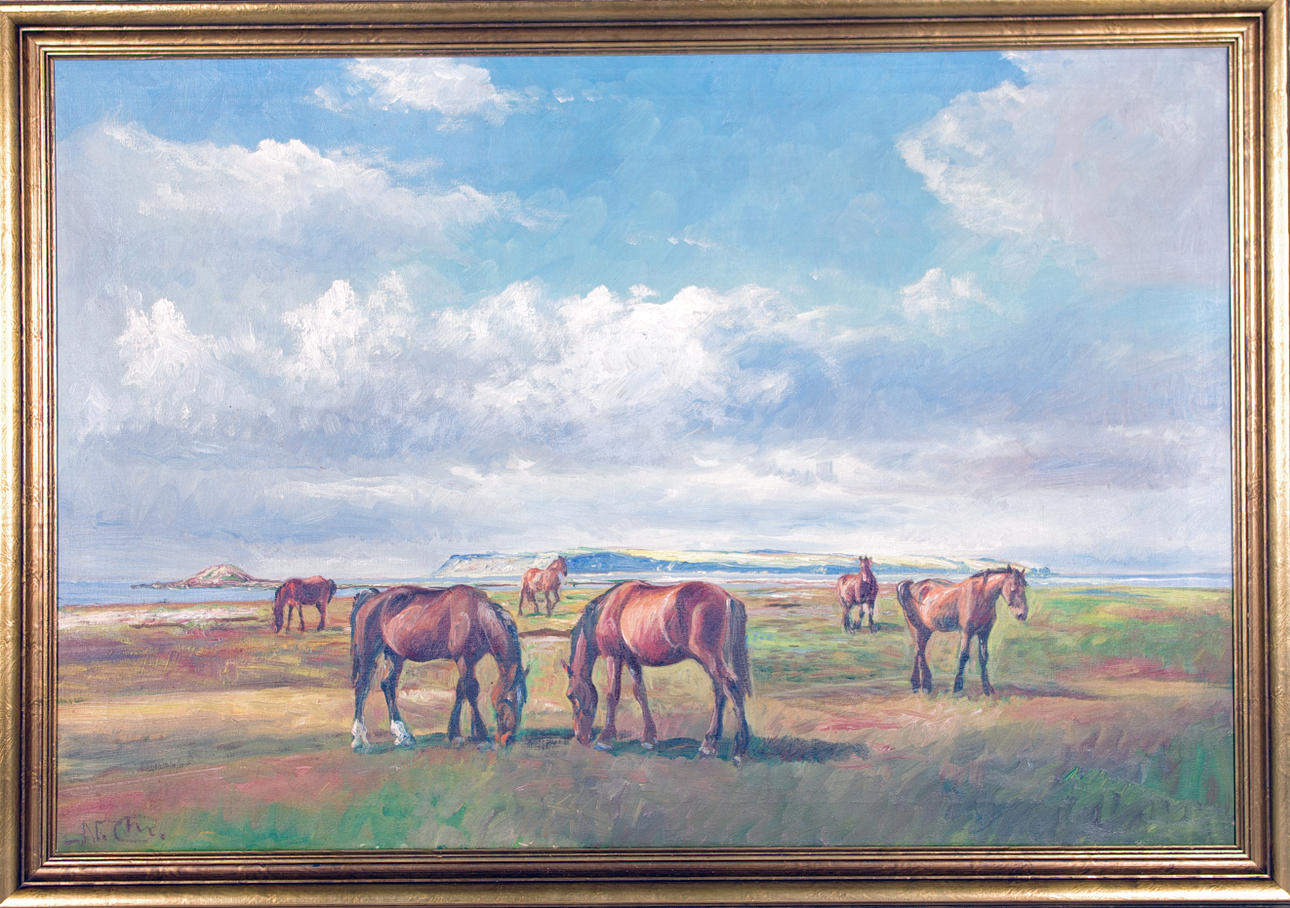 NIELS CHRISTIANSEN. "Hästar på Saltholm", olja på duk.