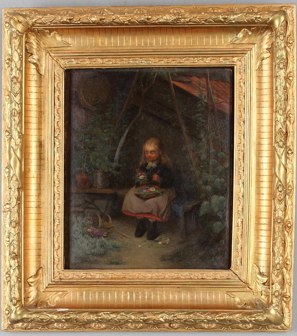 JOHAN ADOLF PETERSÉN. TILLSKRIVEN. Flicka med blommor, olja på pannå, signerad J Petersén samt daterad 73.