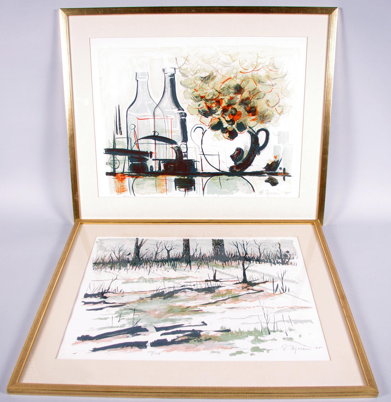 EKE BJERÉN. stilleben samt landskap, 2 färglitografier.