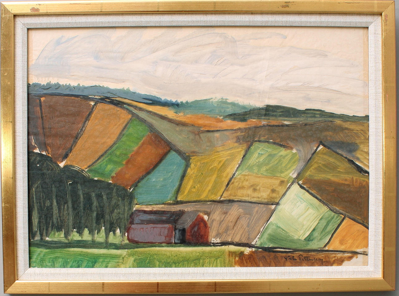 GÖSTA PETTERSSON. gouache, "Bondgård", signerad Gösta Pettersson.