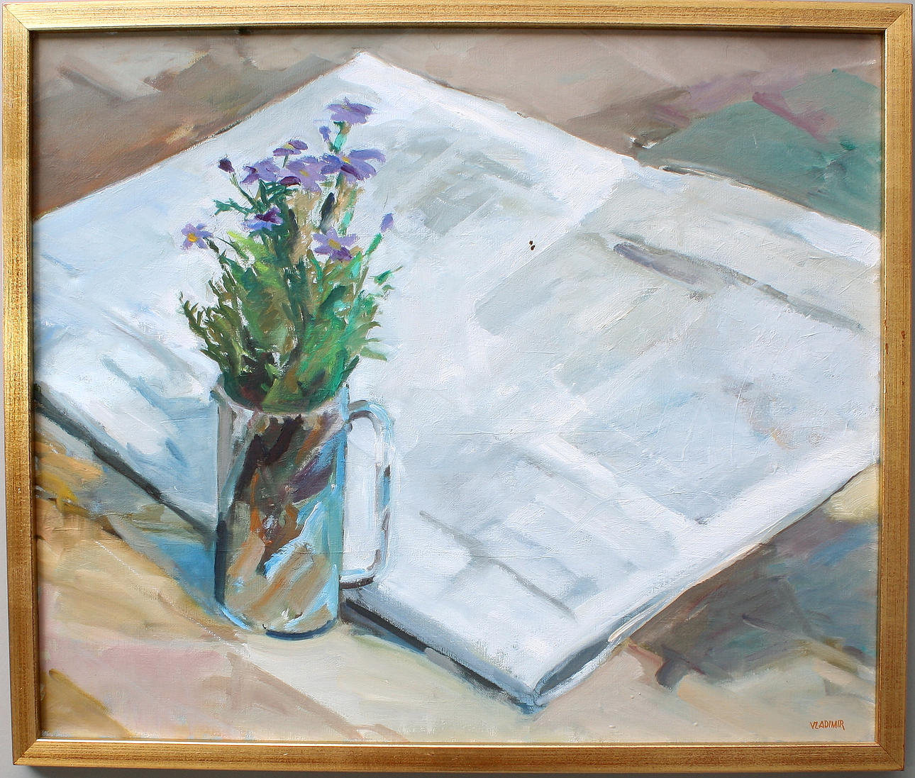 OKÄND KONSTNÄR, olja på duk, "Morgontidning", signerad Vladimir.