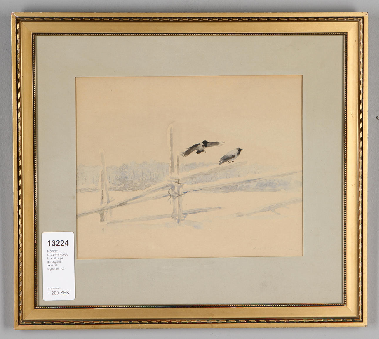 MOSSE STOOPENDAAL. Kråkor på gärdsgård, akvarell, signerad.