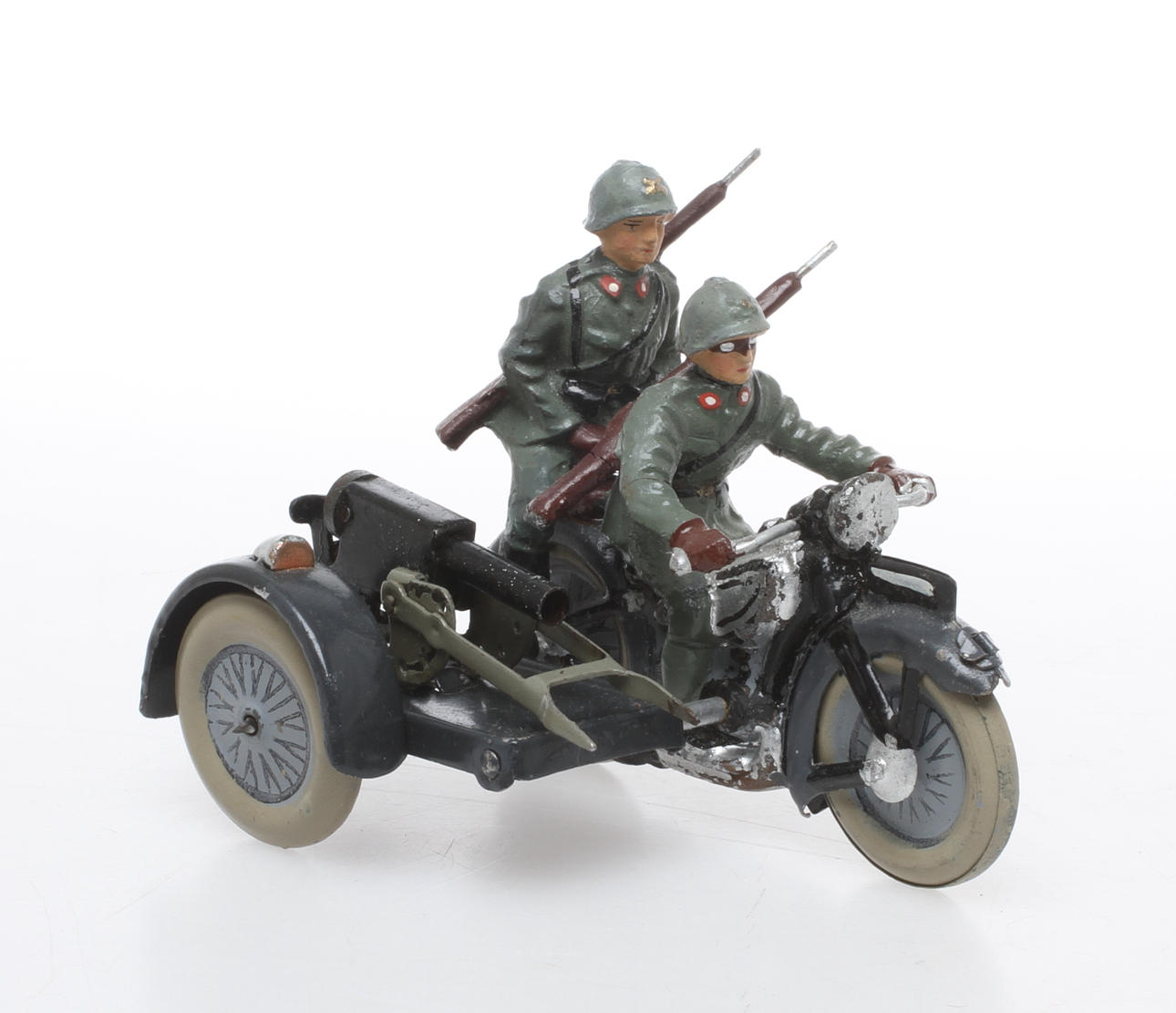 LINEOL MOTORCYKEL SIDOVAGN med KULSPRUTA och passagerare. Italienska armén.