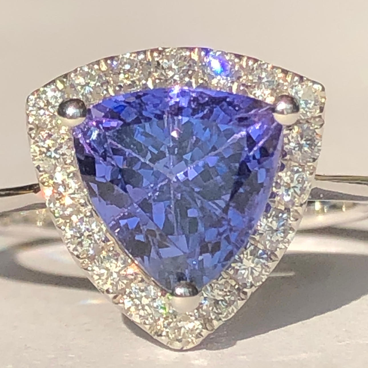 TRILLION CUT TANZANITE & DIAMOND RING.