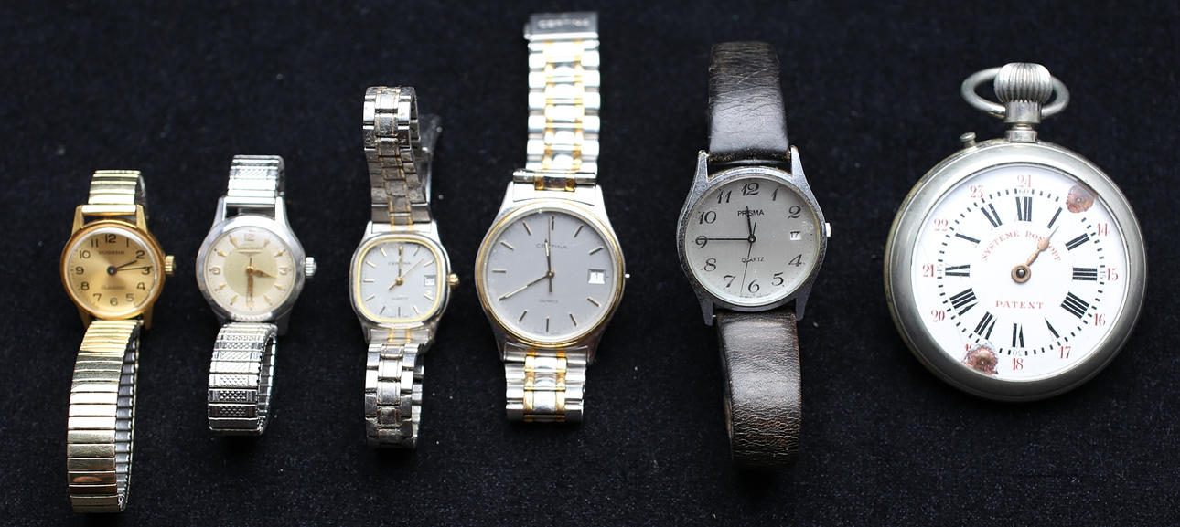 ARMBANDSUR och FICKUR (6), bl.a Certina, Dugena, Longines m.m.
