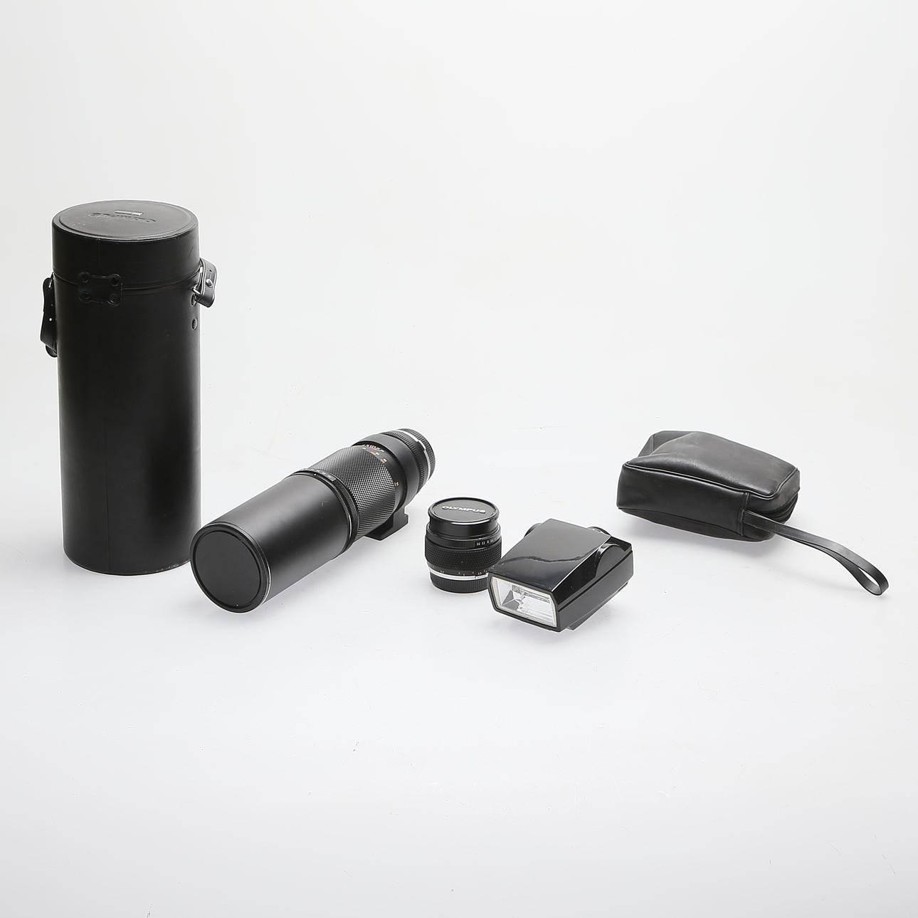 2 CAMERA LENSES, Olympus and FLASH, late 1900s.