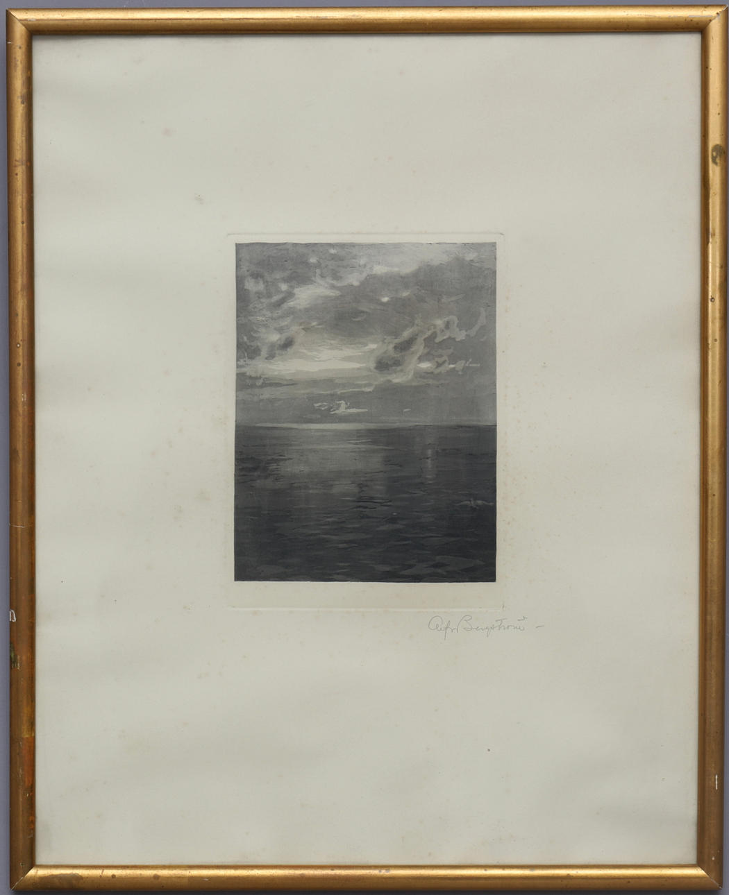 ALFRED BERGSTRÖM. etching, clouds over the sea, signed.
